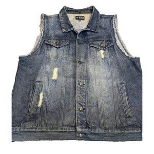 XXX RUDE Vest Blue Denim 2X Distressed Trucker Punk Grunge Emo Thrashed Y2K